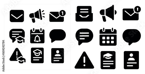 Communication and alert silhouette icons set – message, notification, chat symbols