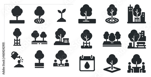 Tree and nature solid icons set – filled, silhouette, environmental and growth symbols