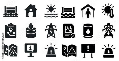 Emergency and safety solid icons set – silhouette, alert, hazard and warning symbols