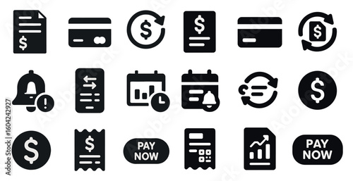 Finance and payments solid icons set – flat, filled, money and billing symbols