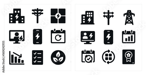 Energy and power solid icons set – electricity, utility, renewable symbols