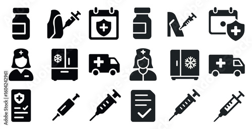 Healthcare solid icons set – flat, filled, medical and hospital symbols