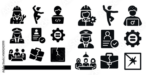 Business and employment solid icons set – filled, career, workplace symbols