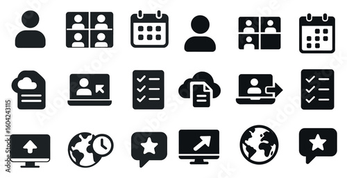 Communication and organization solid icons set – filled, essential, connection symbols