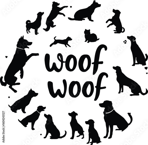 A circular arrangement of dog silhouettes with the words woof woof in the center on a white background