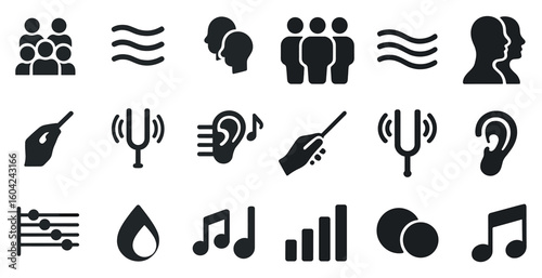 Music and sound solid icons set – music note, audio, sound wave symbols