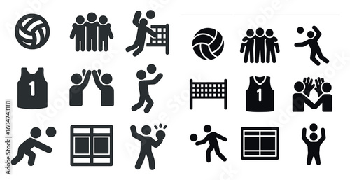 Volleyball team silhouette icons set – solid, sports, game and competition symbols