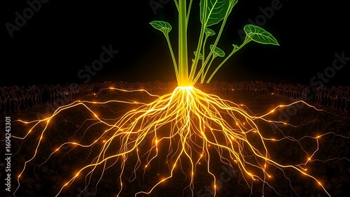 An X-ray view of plant roots unveiling a hidden glowing network weaving through the soil.