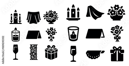 Wedding and event silhouette icons set – decor, celebration, ceremony symbols