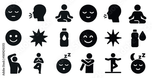Mindfulness and meditation silhouette icons set – calming, yoga, relaxation symbols