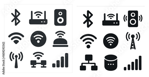 Wireless and connectivity icons set – filled, silhouette, network and communication designs