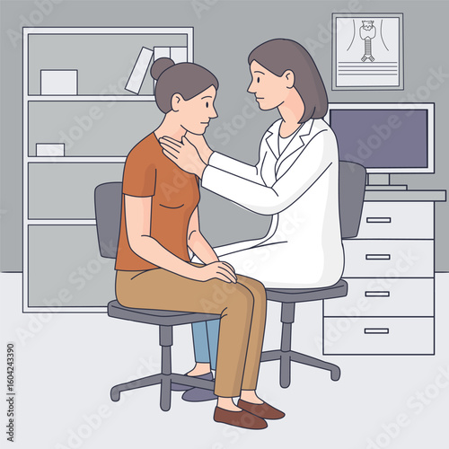 Vector illustration of an endocrinologist examining a female patient’s neck in a medical office. Thyroid checkup concept. Ideal for healthcare, medicine, diagnostics, and clinic-related designs