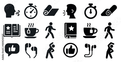 Fitness and wellness filled icons set – solid, silhouette, exercise and health symbols