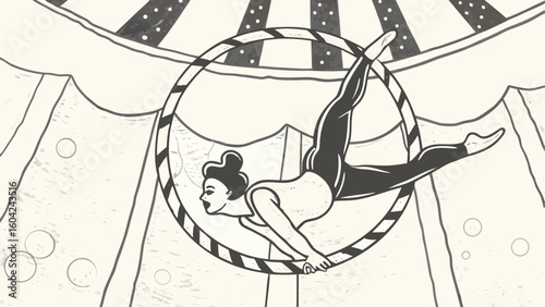 Illustration of a circus performer in a striped hoop with a tent and bubbles in the background silhouette