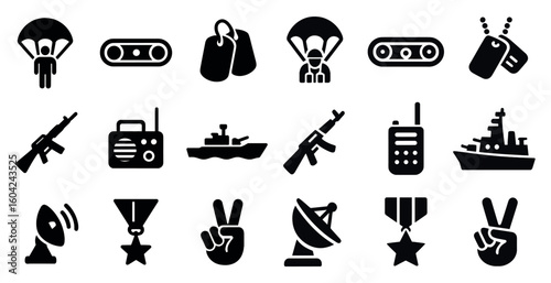 Military and defense solid icons set – security, warfare, tactical symbols