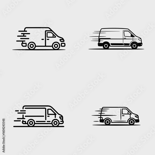 Four Black Line Drawings of Delivery Vans in Motion on a Light Gray Background Each Van Depicts Speed with Motion Lines Indicating Quick