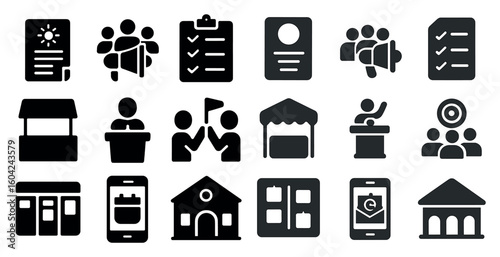 Business and communication icons set in solid style – meetings, discussions