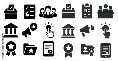 Election and voting icons set – solid, filled, civic engagement symbols