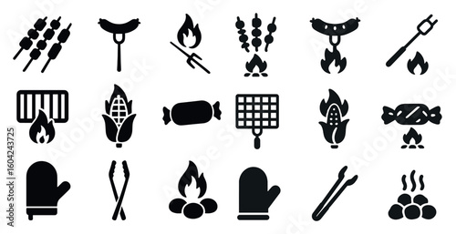 Bbq and campfire silhouette icons set – grilling, roasting, outdoor symbols