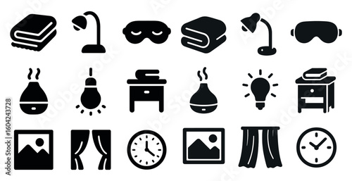 Home essentials solid icons set – decor, furniture, interior design visuals