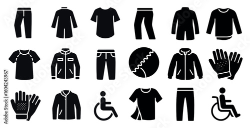 Fashion and clothing silhouette icons set – flat, solid, apparel and garment symbols