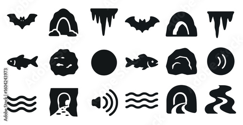 Cave exploration solid icons set – filled, underground, adventure symbols
