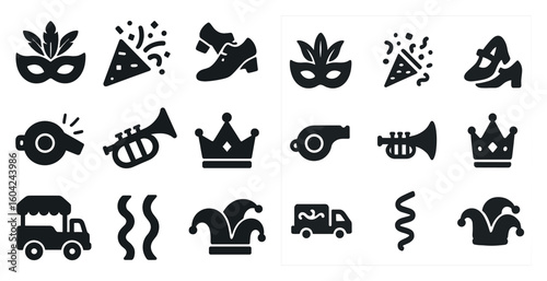 Party and celebration solid icons set – fun, festive, event symbols