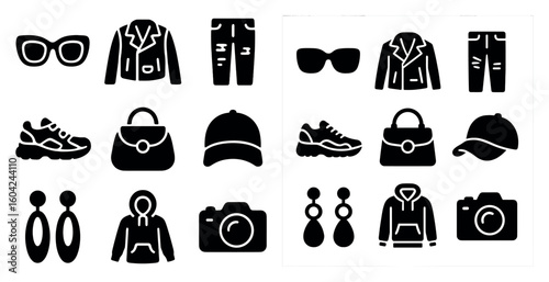 Fashion silhouette icons set – solid, filled, clothing and accessory symbols