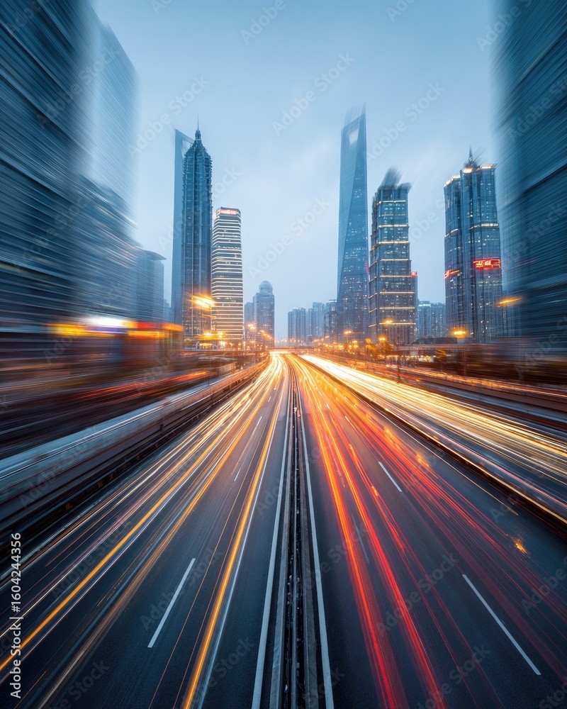 Naklejka premium Busy city highway at twilight. Motion blur of cars