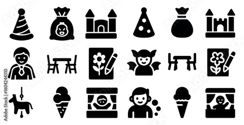 Party and celebration icons set – solid, filled, festive and event symbols