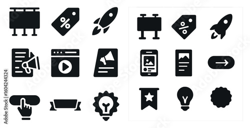 Marketing and advertising solid icons set – filled, business, promotion symbols
