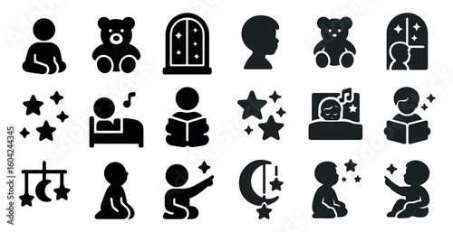 Child development silhouette icons set – flat, solid, educational tools and activities