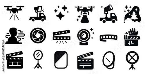 Film and photography silhouette icons set – solid, filled, movie and camera symbols
