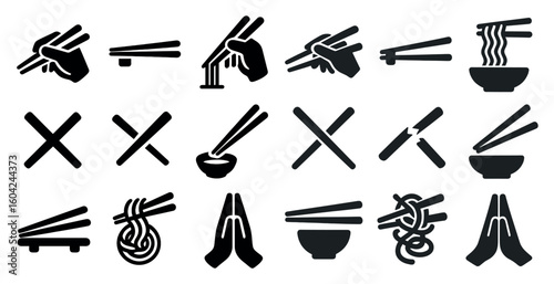 Chopsticks silhouette icons set – flat, solid, asian dining and culinary symbols