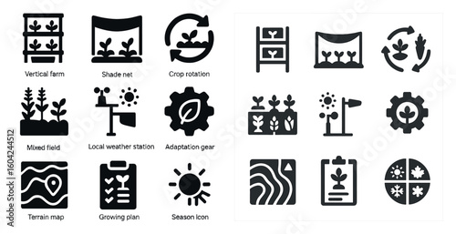 Agriculture and farming icons set – silhouette, crop rotation, vertical farm symbols