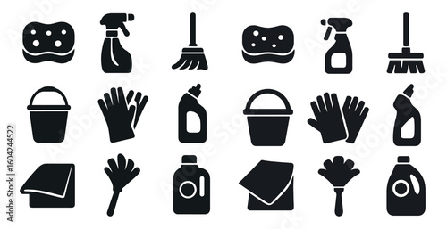 Cleaning and hygiene solid icons set – silhouette, filled, housekeeping tools
