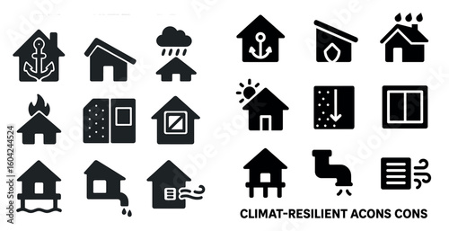 Climate resilient solid icons set – isometric, filled, weather protection symbols