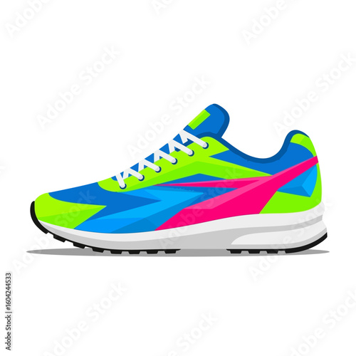 Colorful Running Shoe Neon Blue Lime Green on White Background
