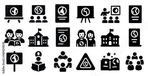 Education and learning solid icons set – filled symbols for students and teaching