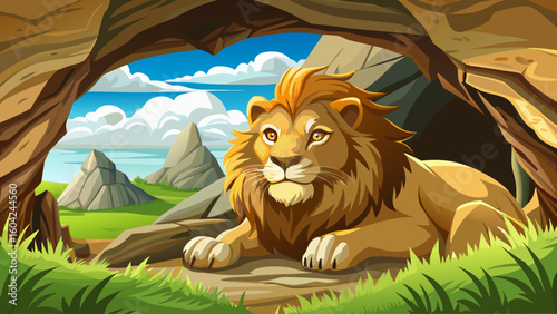 A cave lion rests beneath a rocky overhang in a sunny grassland, its fur golden and eyes sharp as it watches for movement nearby