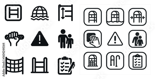Safety and precaution icons set – outline, linear, hazard and warning symbols