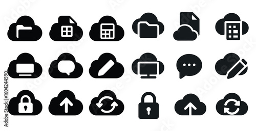 Cloud storage silhouette icons set – filled, security, data management symbols