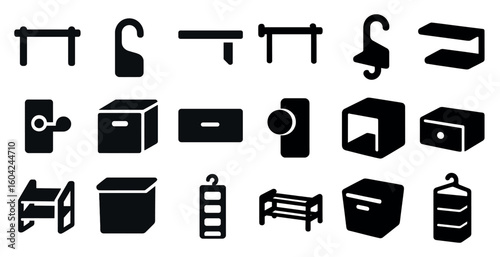 Home furniture and decor solid icons set – shelving, storage, flat style symbols