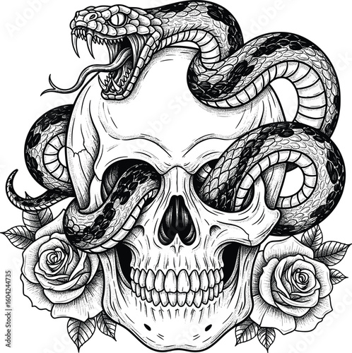 Skull and snake vector illustration. Hand drawn tattoo design with roses symbolizing death, danger, and temptation. Isolated dark art graphic for t-shirt prints or stickers.