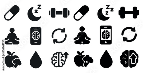 Health and fitness solid icons set – silhouette, wellness, exercise symbols