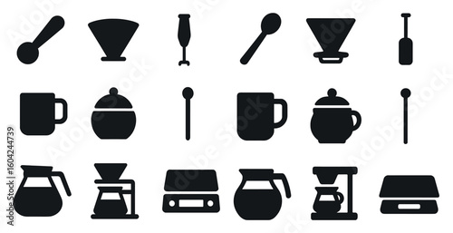 Coffee brewing silhouette icons set – flat, filled, espresso and café equipment