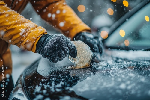 Pouring winter washer fluid into a cars reservoir, ensuring proper functionality during cold weather conditions, Generative AI