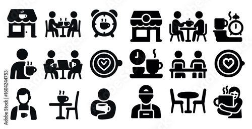 Coffee shop solid icons set – cafe, filled, beverage and hospitality symbols