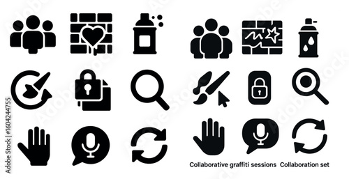 Art and creativity solid icons set – filled, graffiti, collaborative design elements