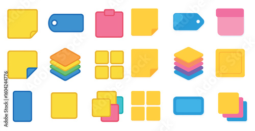 Colorful notes and tags icons set – flat, filled, stationery and organizer symbols